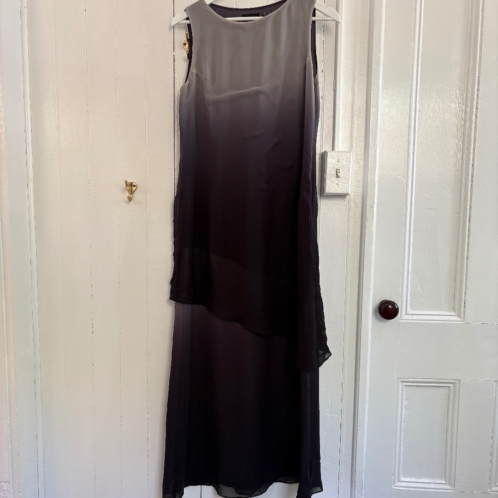 Stunning Silk Ombre Silvery Gray to Black Full Length Layered Dress Maxi Gown 10